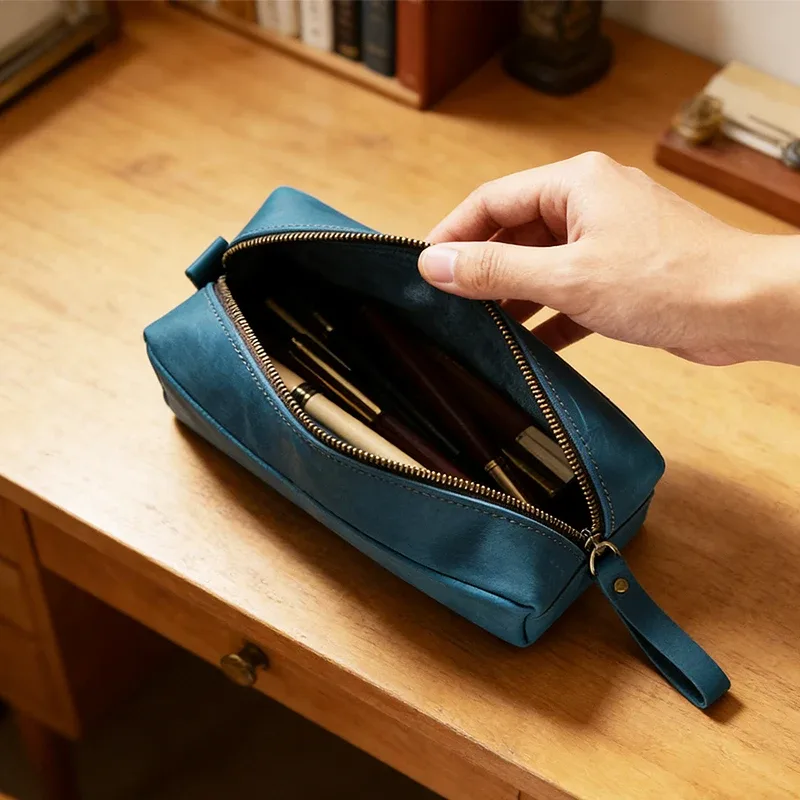sac de voyage personnalisé en cuir véritable pour cosmétiques, gravure de lettres, pochette vintage en cuir crazy horse, sac de rangement personnalisé