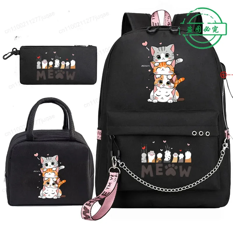 sac à dos scolaire pour étudiants et adolescents, sac à dos mignon kawaii avec motif de chat anime, sac à dos pour livres avec sacs à lunch portables, 3 pièces