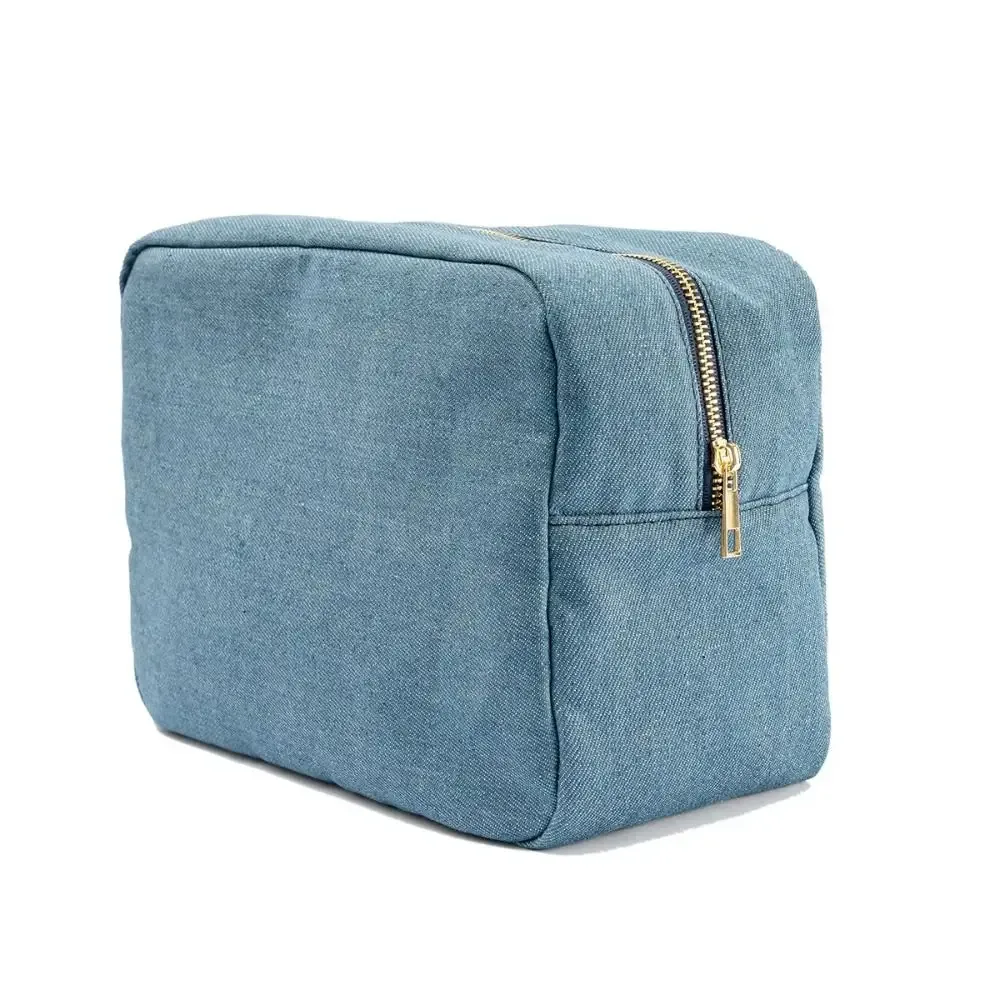 Pochette cosmétique en denim bleu avec fermeture éclair, 4 tailles, sac de rangement vintage pour voyage, organisateur de papeterie de couleur unie, trousse de maquillage pour femmes