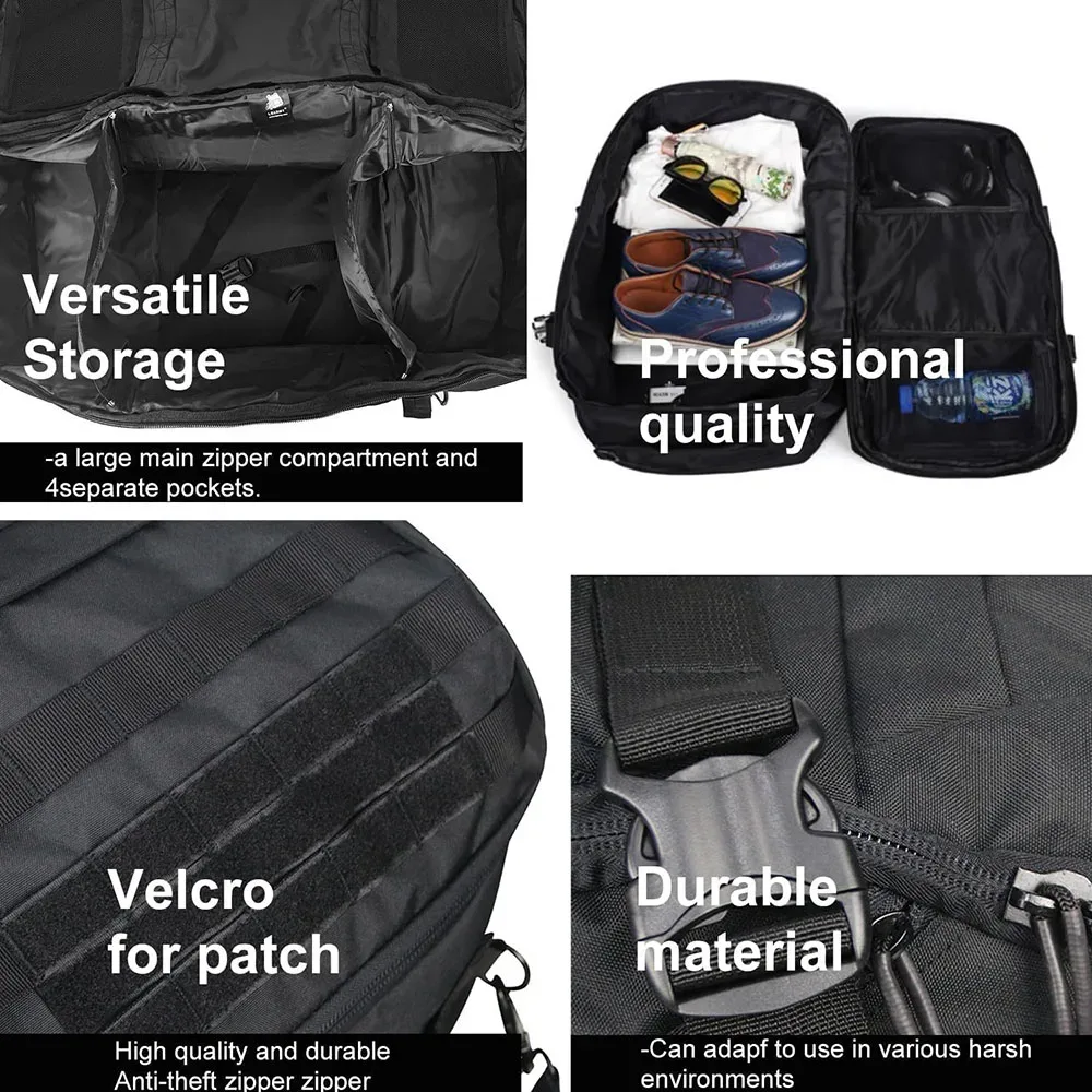 sac à dos tactique 3-en-1, sac de voyage, sac de sport grande capacité, sac à bandoulière imperméable pour la randonnée, le camping et la gym