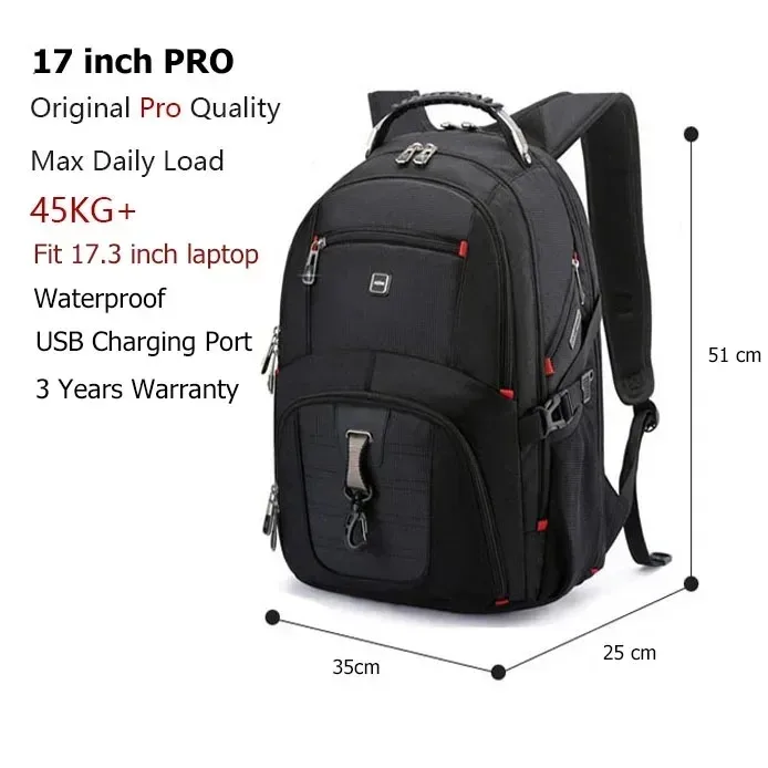 sacs multifonctionnels suisses durables, sac à dos pour ordinateur portable de 17 pouces, sac de voyage, sac à livres pour l'université, port de charge usb, résistant à l'eau