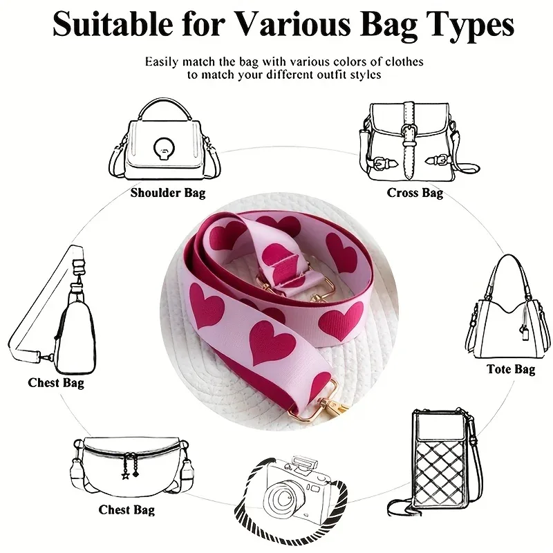 sangle de sac à dos à motif en forme de cœur rose. idéal pour accrocher des objets tels que des tasses de voyage, des appareils photo, des guitares, etc.