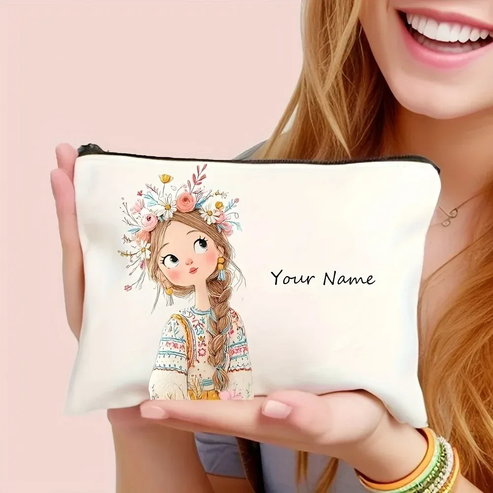 pochette à maquillage vintage personnalisée avec motif de fille mignonne, trousse de toilette, trousse à crayons, sac cosmétique pour cadeau de vacances