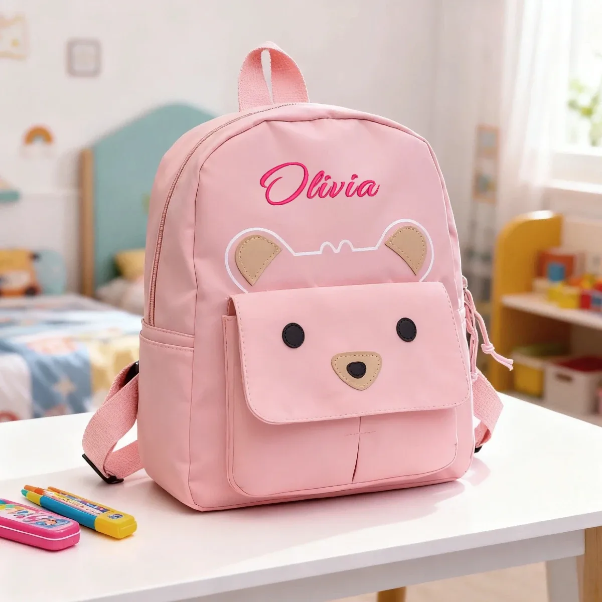 sac à dos de maternelle brodé avec un ours mignon, sac d'école personnalisé avec nom pour enfants, idéal pour l'école, les voyages quotidiens, cadeaux de rentrée scolaire pour enfants.