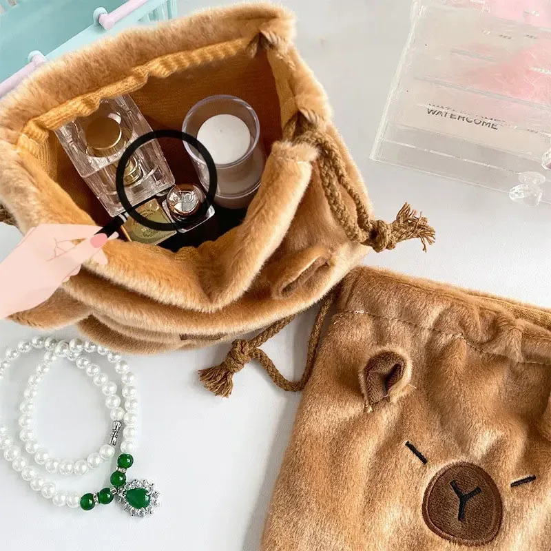 sac de rangement portable à cordon, cadeaux, mignon dessin animé capybara kawaii, pochette cosmétique, sacs de rangement en peluche capybara de grande capacité