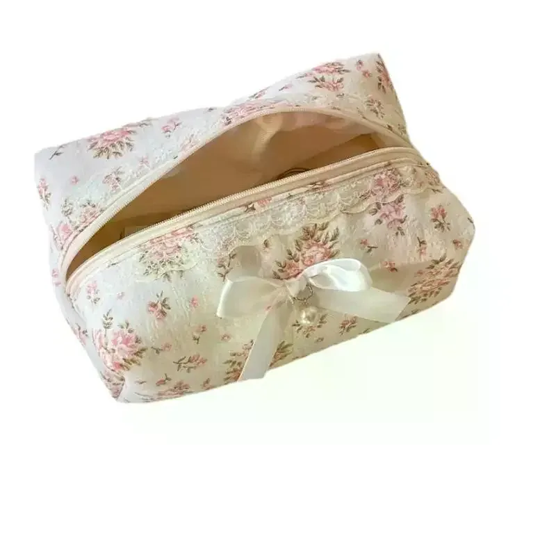 Trousse de Maquillage Grande Capacité Mignonne avec Nœud en Dentelle, Sac Cosmétique de Voyage pour Femme, Trousse de Toilette à Fermeture Éclair, Étui à Crayons, Sacs de Rangement
