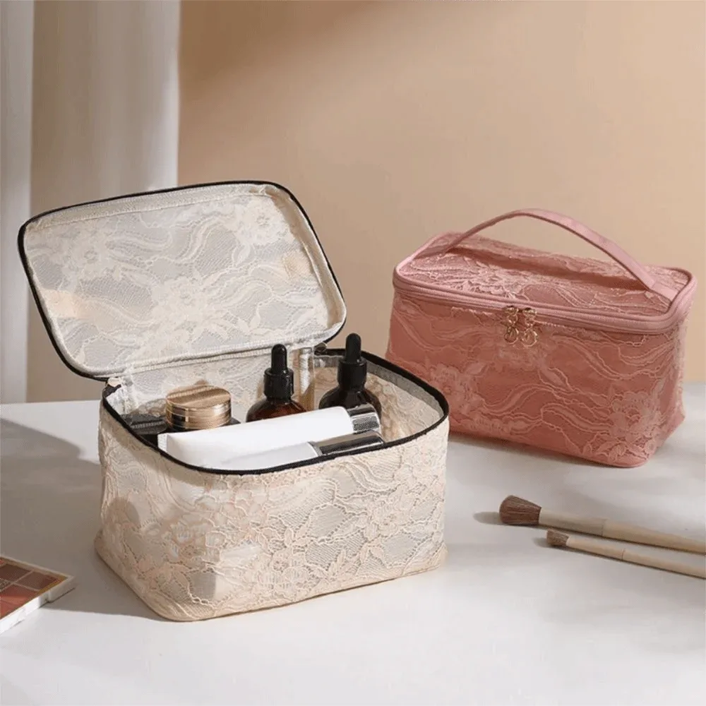 sac de maquillage portable élégant, motif floral en dentelle, trousse de toilette de voyage avec poignée, sac à main de grande capacité pour femmes