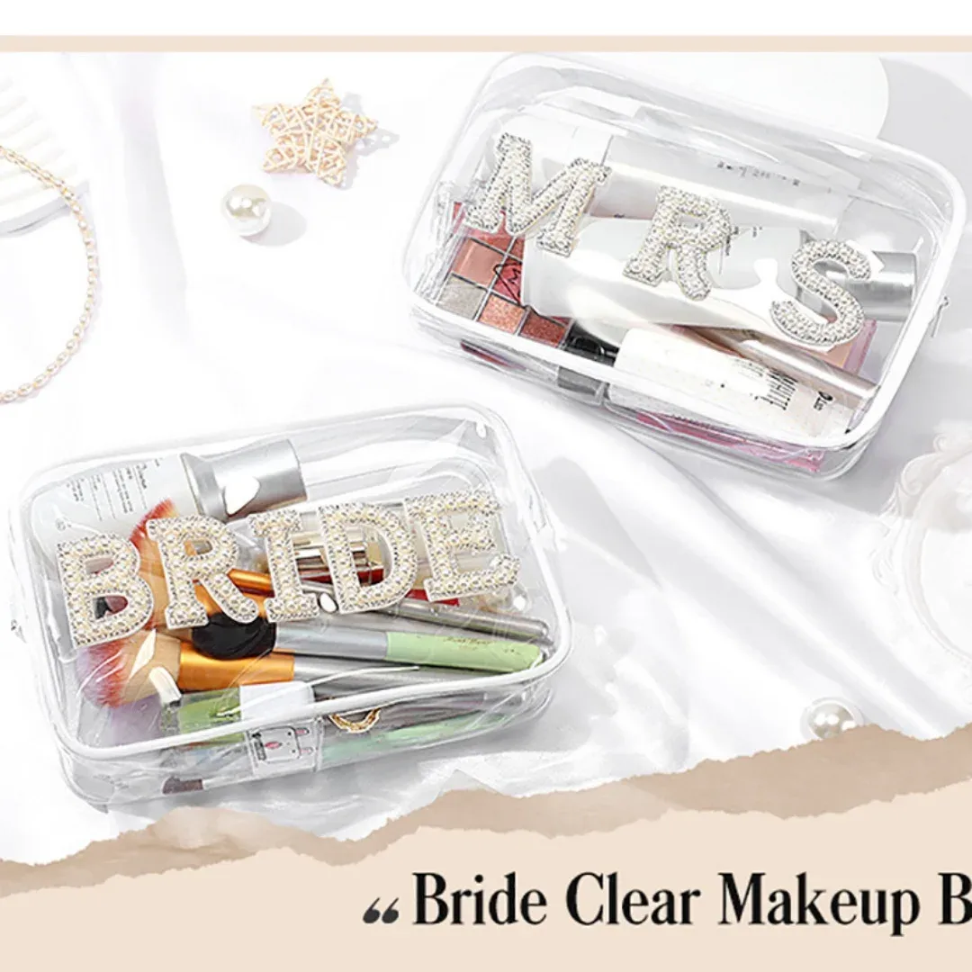 Trousse de maquillage transparente pour la mariée, sac cosmétique de fiançailles, cadeaux de douche pour patients, patchs de lettres en biscuits scintillants, voyage en PVC étanche