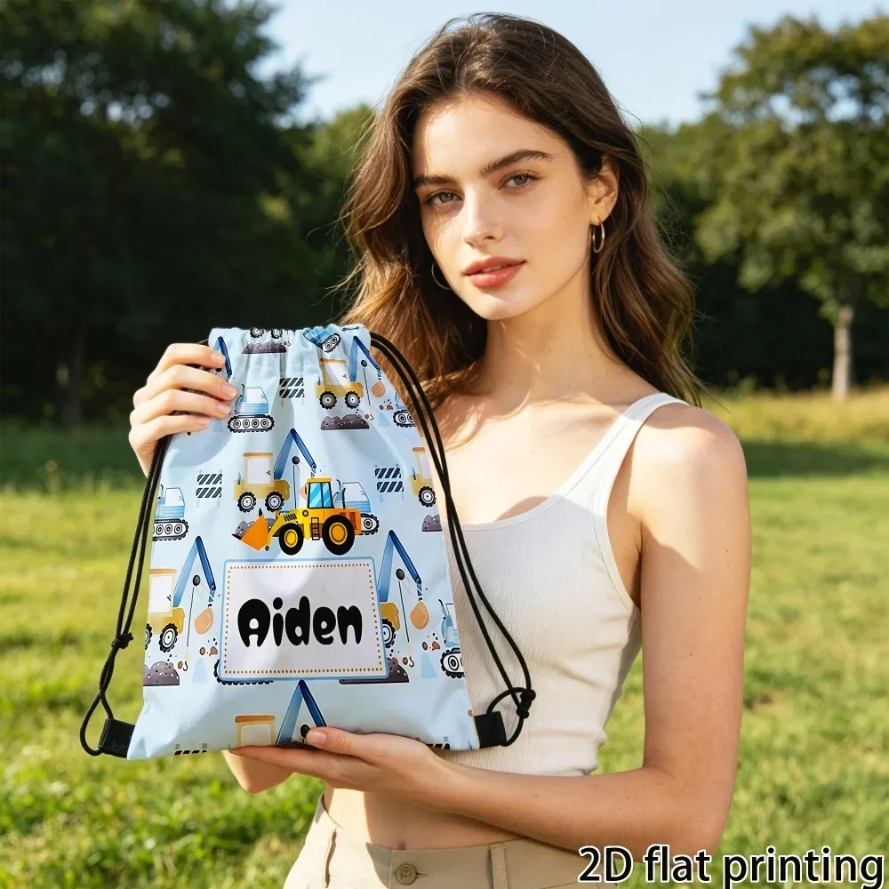 sac à cordon personnalisé avec nom/texte, pochette de rangement au design d'excavatrice mignon, sacs de voyage légers, sac à dos de sport, 1 pièce