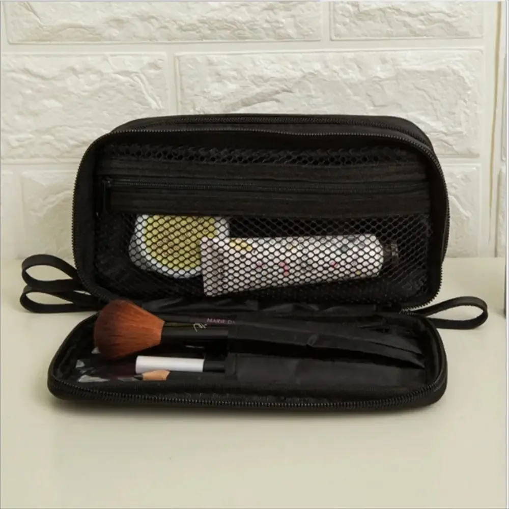 mini trousse de maquillage noire pour femme, sac de rangement en nylon pour fille, petit sac à cosmétiques à double fermeture éclair, mode de voyage design, 03/2
