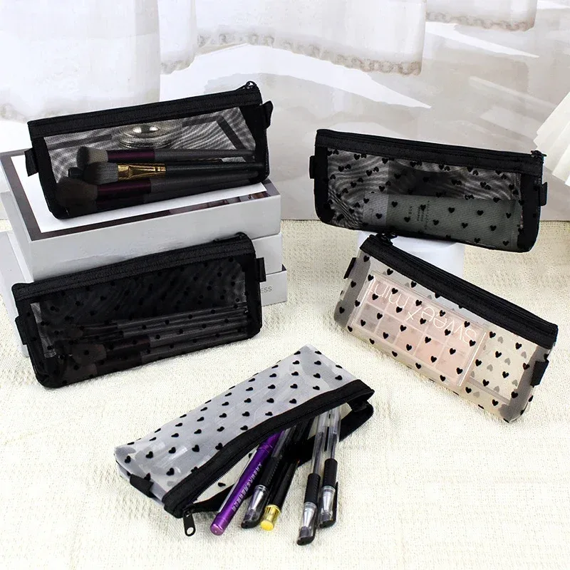 Trousse de maquillage en maille avec fermeture éclair transparente, étui à crayons imprimé cœur noir, porte-stylo, poudres cosmétiques mignonnes, à transporter