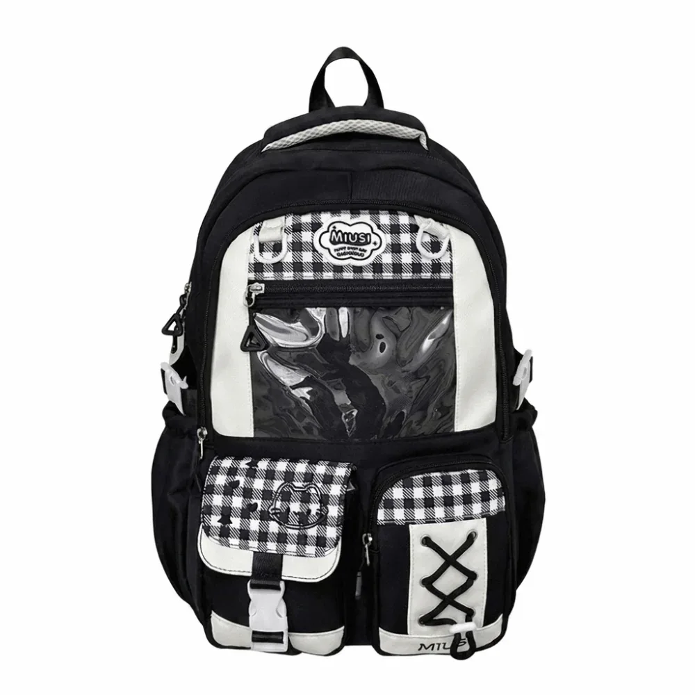 sac à dos scolaire multi-compartiments style preppy, grande capacité, léger, motif écossais, blocs de couleur, sac à dos de jour avec fermeture éclair et multiples poches