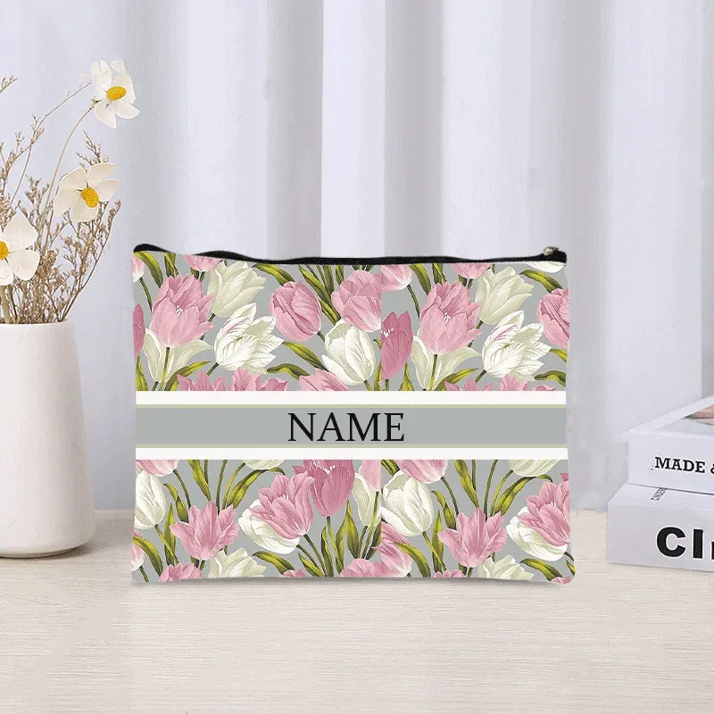 pochette de maquillage personnalisée de luxe avec nom floral, pochette de maquillage personnalisée, organisateur de rouge à lèvres de voyage, pochette de maquillage tendance, sac à main en toile