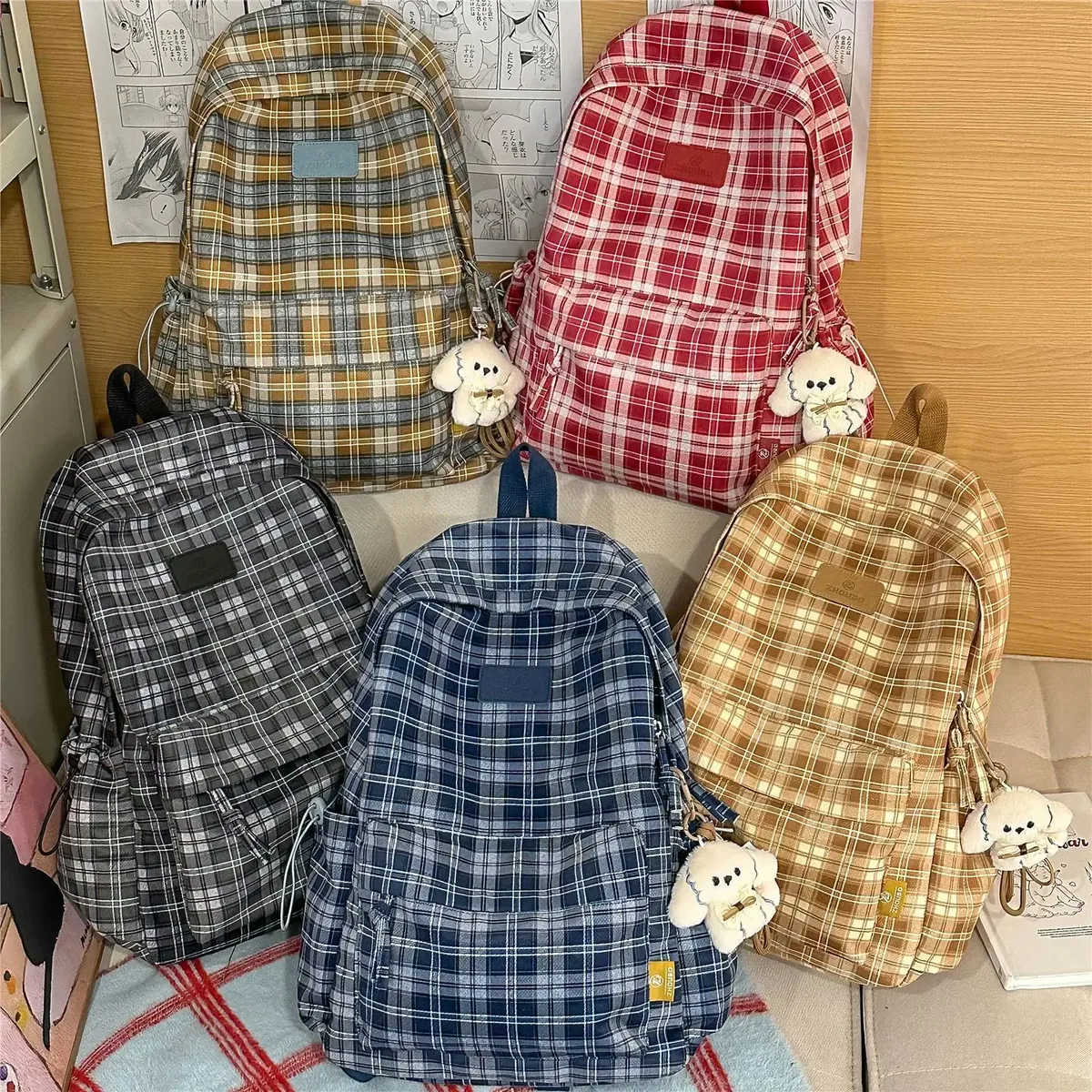 sac à dos rétro britannique à carreaux grande capacité pour filles, lycéennes, étudiantes, sac à bandoulière en nylon pour femmes