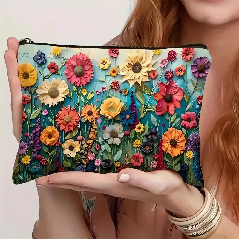 pochette de maquillage imprimée florale double face style boho, organisateur de voyage, sac à main en lin pour femmes, sac de rangement de cosmétiques pour cadeau