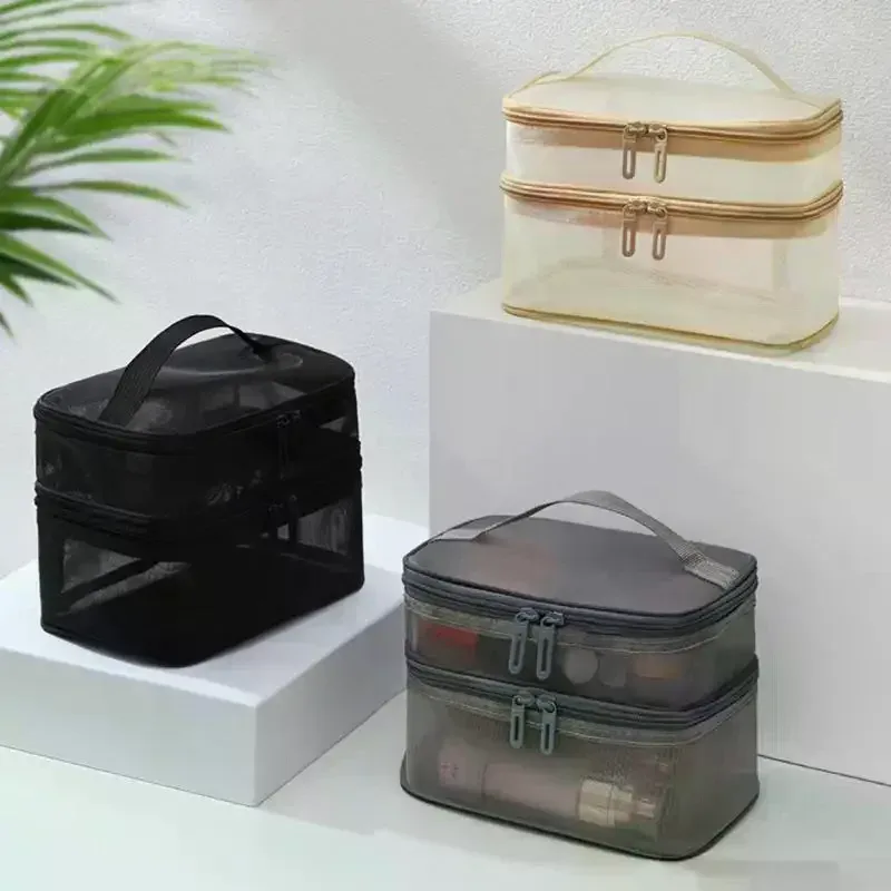 sac de voyage transparent en maille pour maquillage | organisateur de cosmétiques à grande capacité à une seule couche | pochette de rangement respirante pour produits de soin et articles de toilette