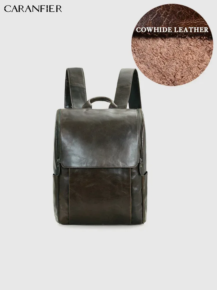caranfier hommes sac à dos véritable cuir de vachette vintage sacs de voyage femmes simple fermeture éclair imperméable et moraillon étudiant sac à dos