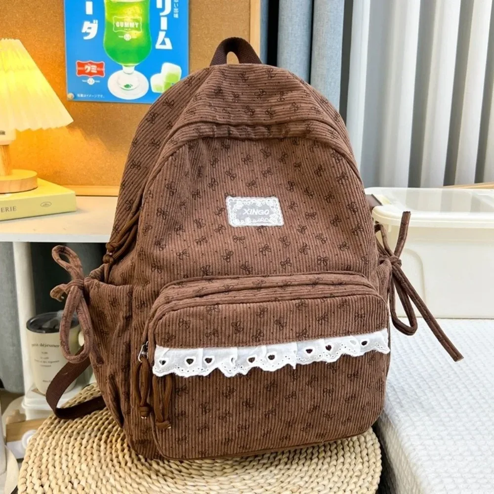 sac à dos en velours côtelé de style coréen, style preppy, grande capacité, sac à dos pour étudiants, bordure en dentelle, nœud papillon, motif à pois