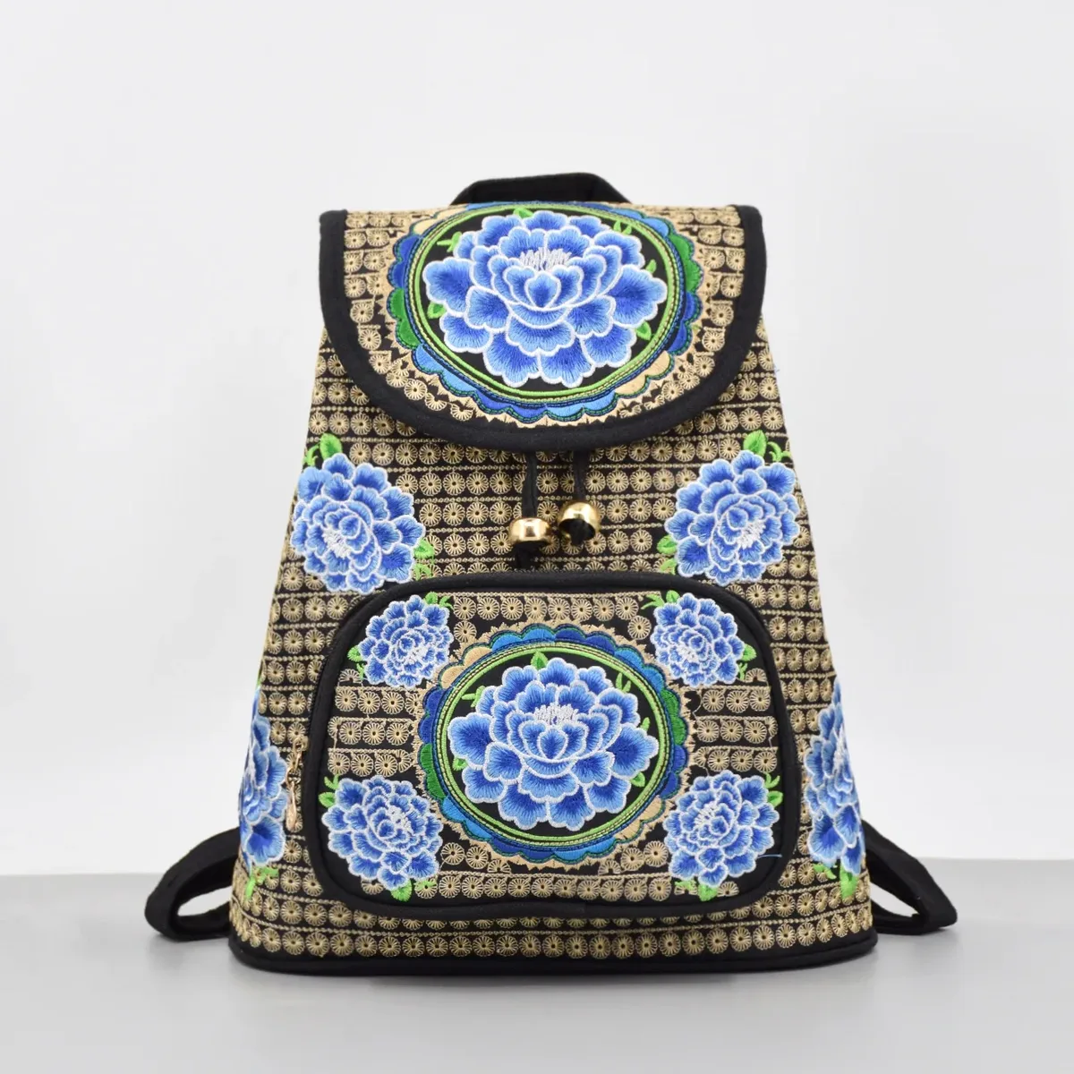 sac à dos vintage en toile brodée florale, sac à dos ethnique décontracté pour filles avec plusieurs poches, cartable à rabat, sac de voyage pour dames