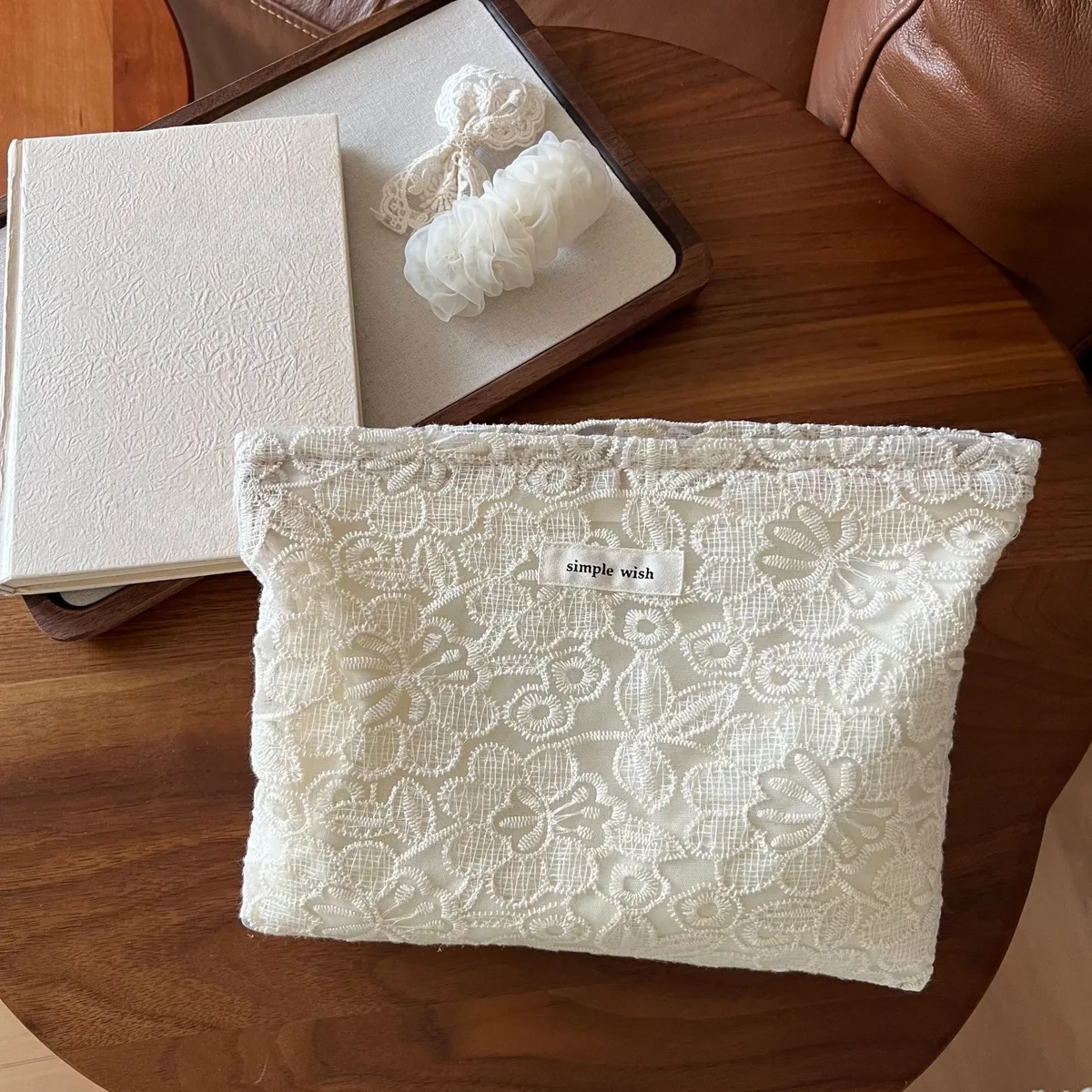 sac de maquillage élégant en dentelle blanche, organisateur de cosmétiques de grande capacité, pochette de rangement de toilette de voyage