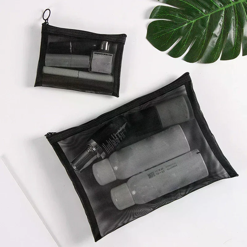 1 pièce Trousse de toilette et de maquillage de voyage en maille gris-noir avec fermeture éclair pour femme, organiseur portable