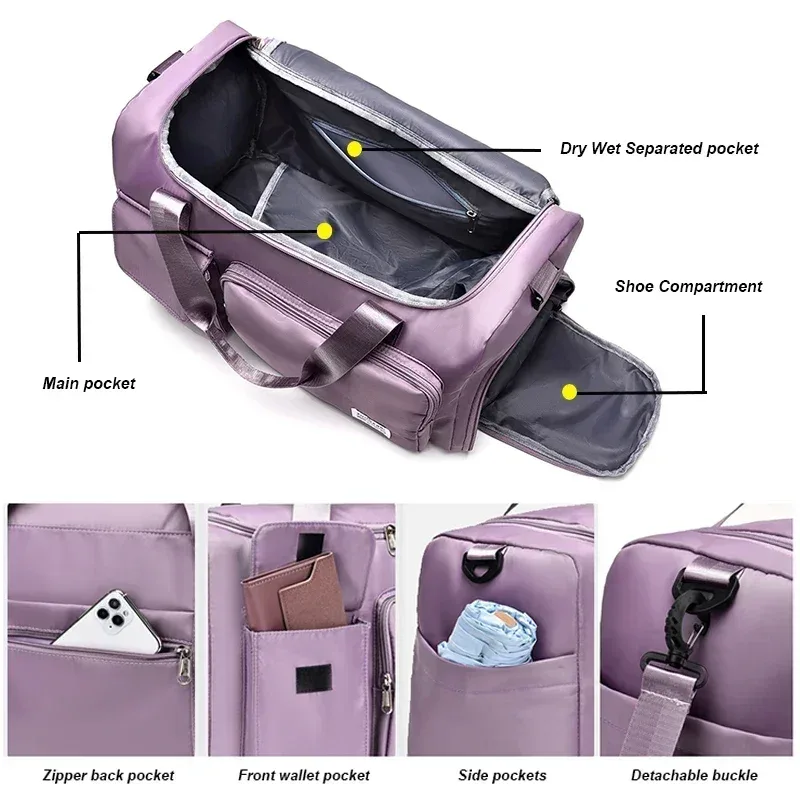 sac de voyage à main de grande capacité pour femmes, sacs de sport de nuit avec compartiment à chaussures, sacs de sport et de fitness pour femmes, 2024