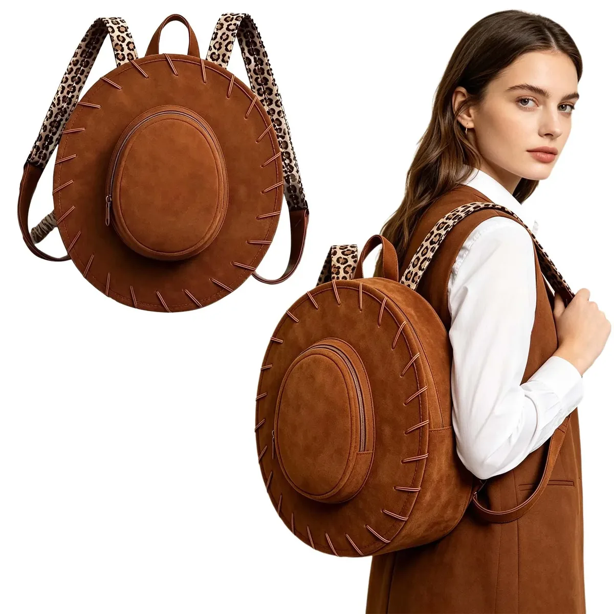 sac à dos en forme de chapeau de cowgirl occidental pour femme, bretelles réglables à imprimé léopard, sac décontracté pour la vie quotidienne, halloween, cosplay