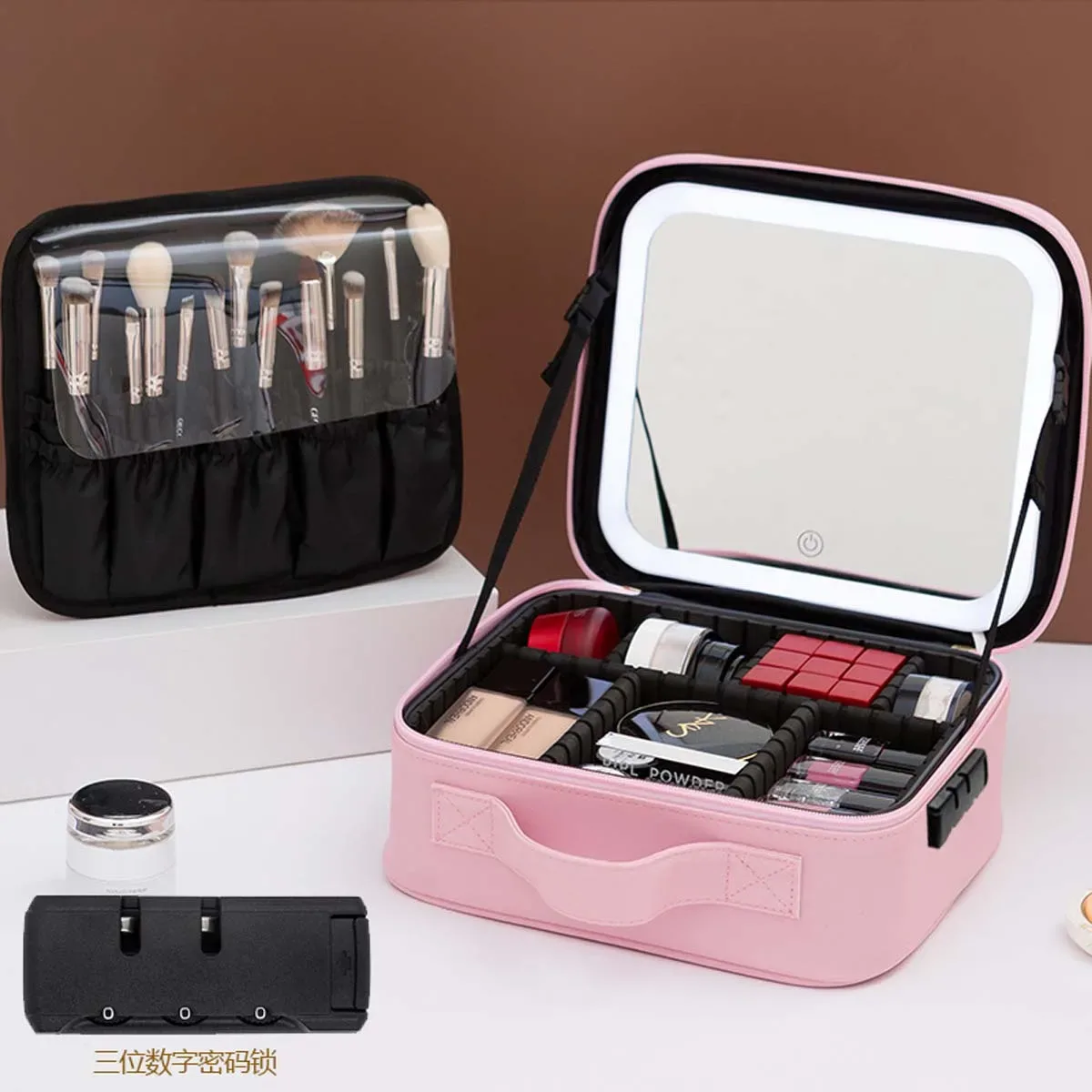 trousse de maquillage de voyage à lumière led avec miroir, grande capacité, sac de rangement avancé, étui de rangement portable, serrure à combinaison