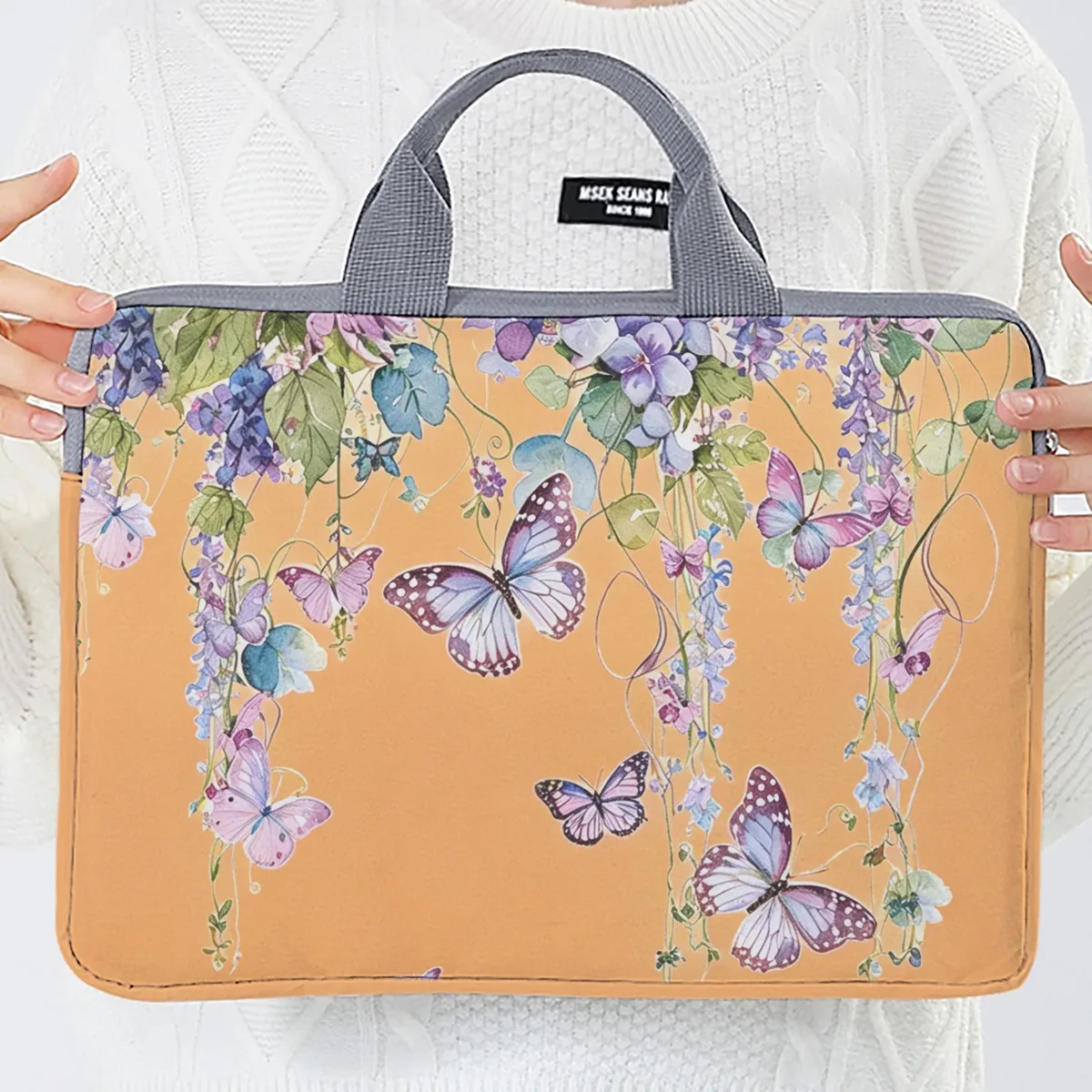 ensemble unique, deux styles, sacoche pour ordinateur portable et porte-documents motif papillon violet, convient aux ordinateurs portables de 14 pouces.