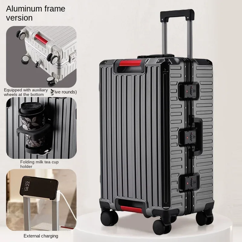 valise à cadre en aluminium à cinq roues, 30 pouces, cabine multifonctionnelle, mot de passe, boîtier de chariot, bagages avec porte-gobelet usb