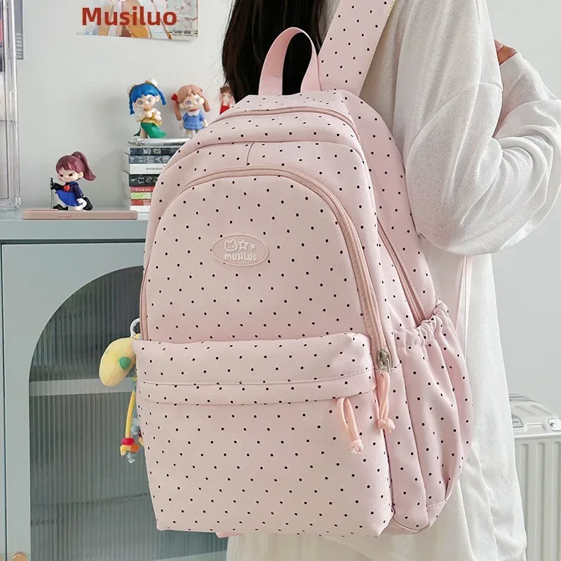 sac à dos à pois de style frais, léger, grande capacité, sac à bandoulière double pour les élèves du collège et du lycée, matériau en nylon