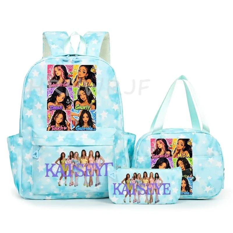 sac à dos katseye à thème musical, 3 pièces, imprimé étoiles roses, cartable amusant pour adolescents, étudiants, femmes, sac à dos pour ordinateur portable, sac de voyage mochila