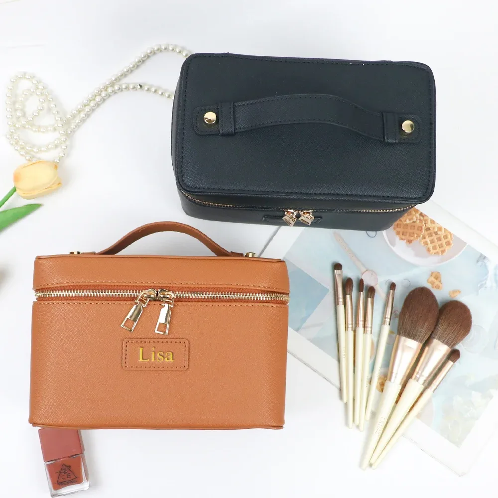 Trousse de Toilette de Voyage Personnalisable en Cuir Saffiano pour Femme, Sac de Rangement Portable Suspendu pour Maquillage et Cosmétiques