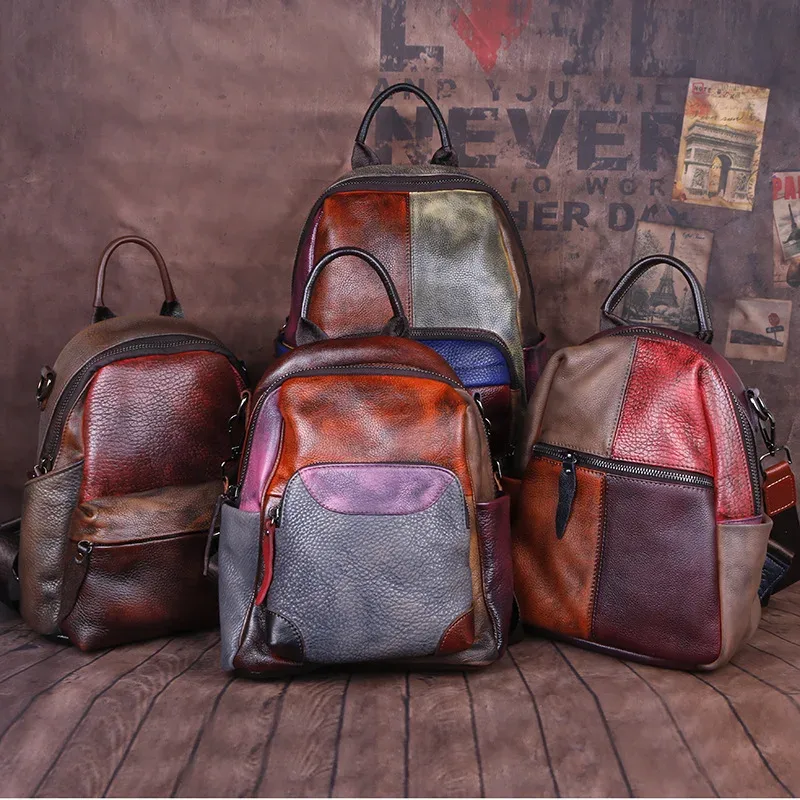 sacs à dos vintage patchwork en cuir véritable pour femmes, sac à bandoulière de voyage, sac d'école, rétro couleur à carreaux, poches fonctionnelles