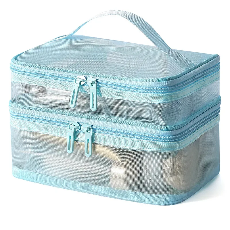 sac de rangement de cosmétiques de voyage à 2 couches, pochette de rangement transparente en maille pliante à fermeture éclair, sac de kit de lavage de maquillage de grande capacité 2025