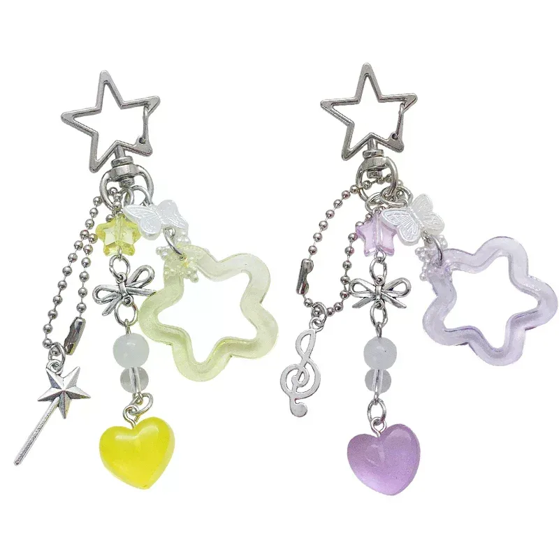 charmant porte-clés avec nœud en forme d'étoile et de cœur, parfait pour les femmes ; clé de voiture pour filles, cadeaux de décoration pour sac à dos