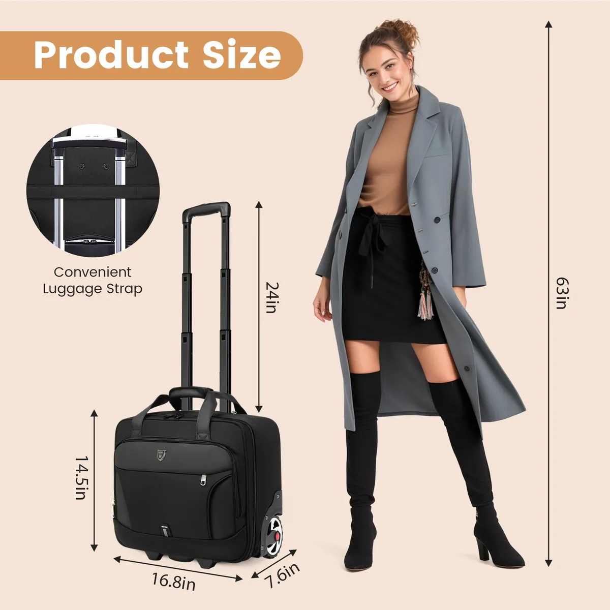 porte-documents roulant de 18 pouces, mallette pour ordinateur portable de grande capacité, sac à bagages à roulettes adapté aux voyages d'affaires et au travail, étanche