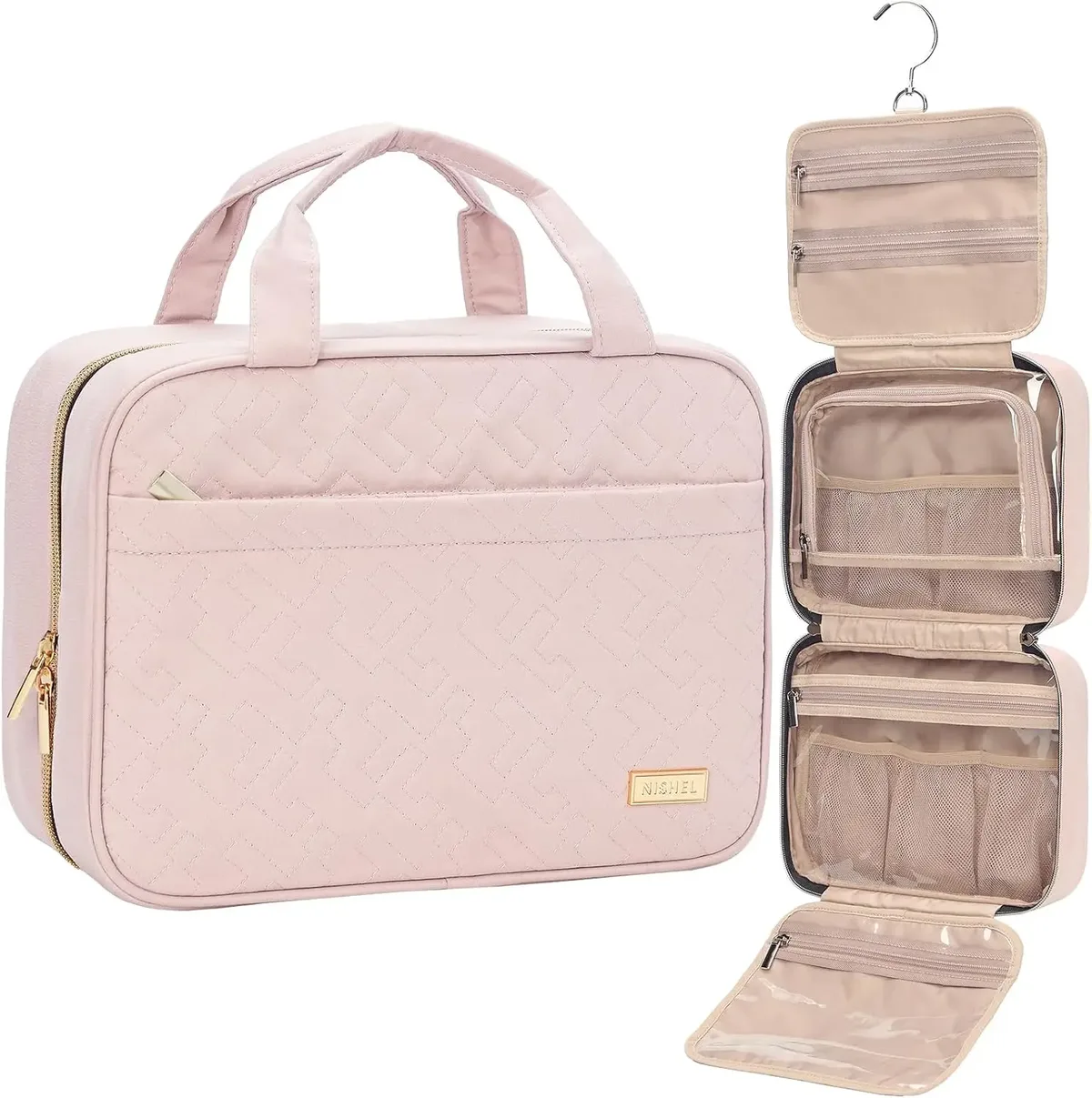 trousse de toilette de voyage pour femmes, rose, organisateur de maquillage portable à suspendre, ensemble de brosses à shampooing de taille voyage, accessoires de maquillage
