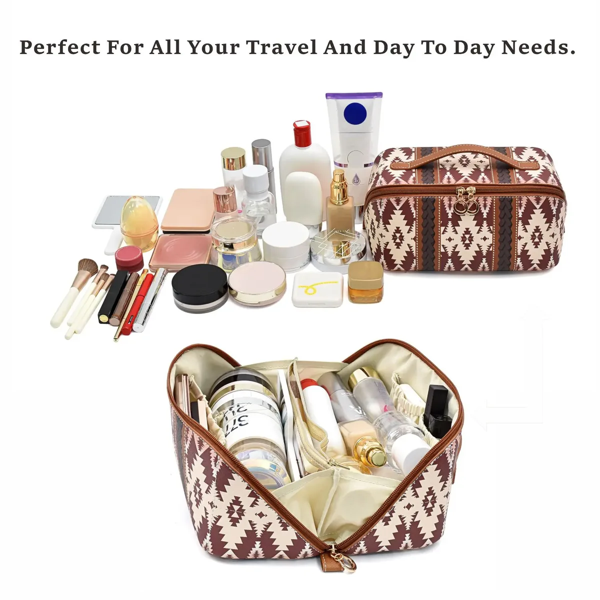 sac à cosmétiques en cuir pu bohème, grande capacité, trousse de maquillage, organiseur de voyage pour articles de toilette