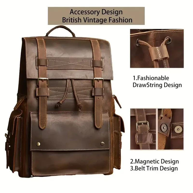 NASVA-Sac à dos rétro en cuir véritable pour homme, sac d'extérieur, sac à bagages, sac d'école, sac pour ordinateur portable, 15.6 pouces