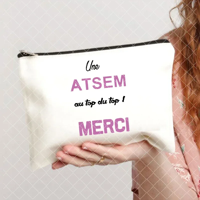 merci atsem – trousse de maquillage imprimée française, grande trousse à crayons, fournitures de papeterie scolaire, sac de rangement, pochette de lavage de voyage, cadeaux pour atsem