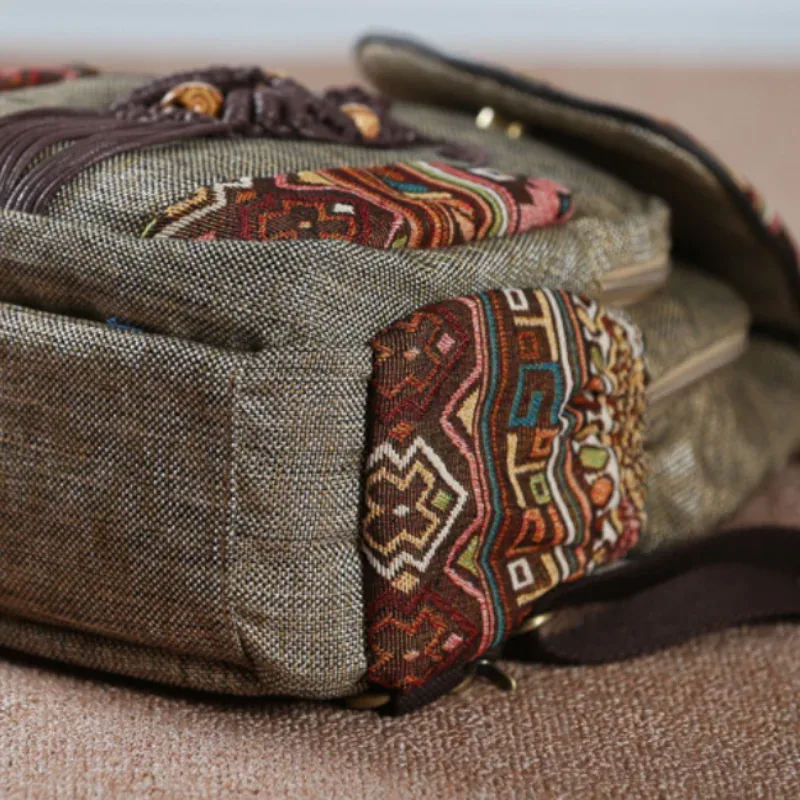 sac à dos rétro en toile brodée pour femmes, bretelles souples, sac à dos à rabat ethnique, cartable léger, sac de voyage pour filles