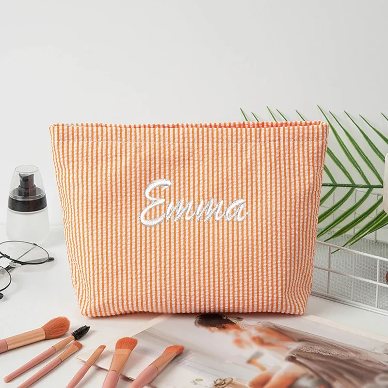 sac de maquillage rayé en gaze bulle, personnalisable avec broderie ou style standard (2 options), pochette de rangement, saison rentrée scolaire