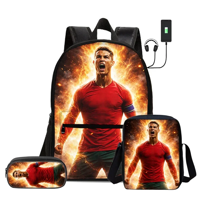 Ensemble de 3 sacs à dos avec sac à bandoulière, trousse scolaire pour enfant, sac à dos Ronaldo avec interface USB, sac à dos pour enfants
