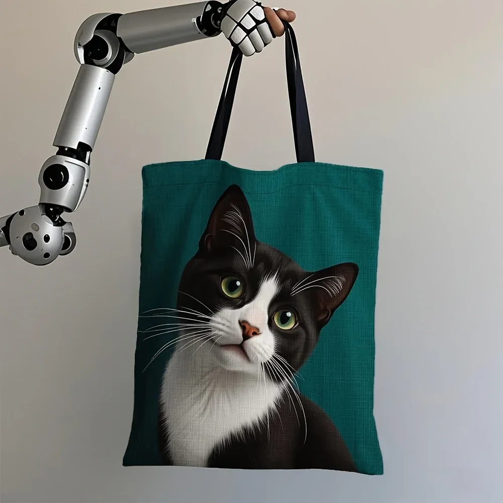 sac fourre-tout grande capacité motif chat tuxedo, réutilisable et durable, sac à bandoulière noir et blanc à rayures, motif chat sur fond turquoise