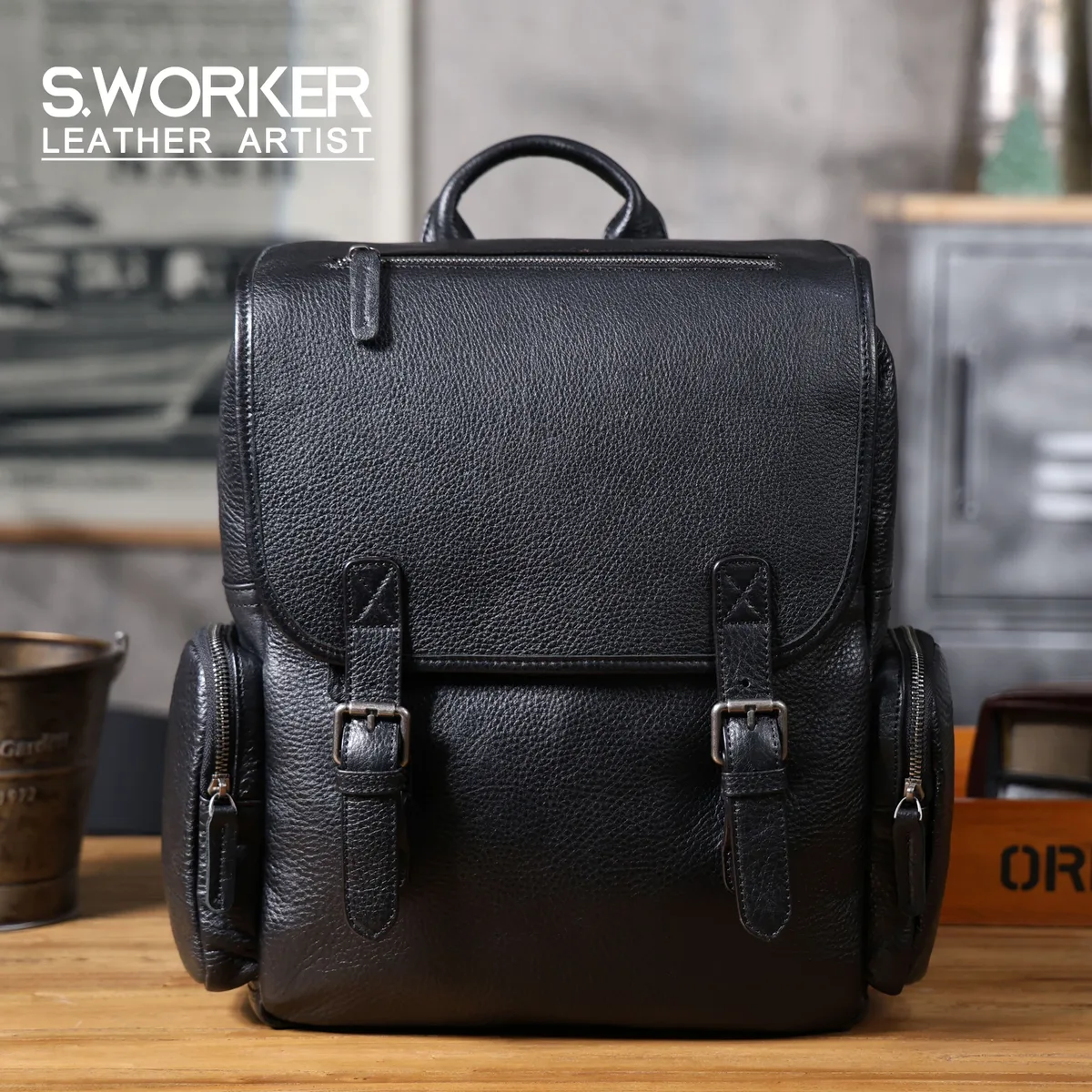 sac à dos décontracté s.worker en cuir véritable, sac à bandoulière pour ordinateur portable en cuir de vachette pleine fleur, sac d'école décontracté