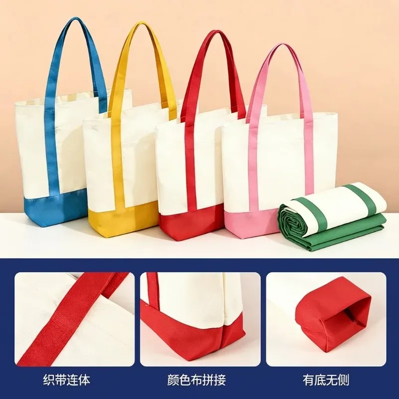 sac fourre-tout en toile personnalisé avec logo imprimé, sacs en toile tendance avec coutures, sacs de shopping écologiques colorés de grande capacité pour femmes
