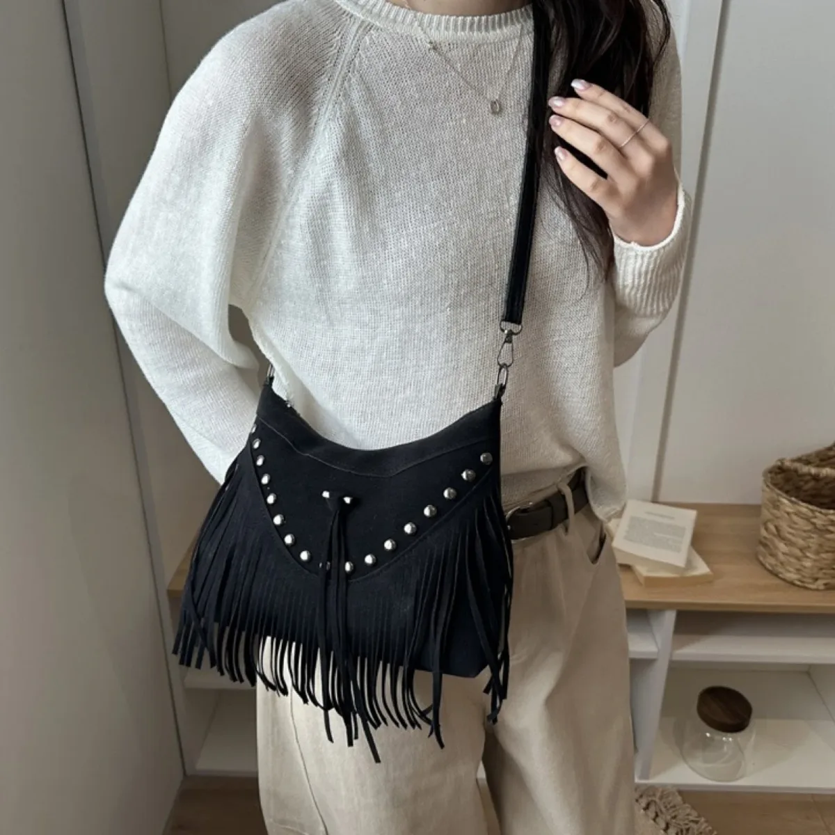 sacs à bandoulière longs à franges pour femmes, style bohème, en faux daim, vintage, avec rivets et fermeture éclair, sacs à bandoulière pour femmes, sacs de travail, sacs à cosmétiques quotidiens