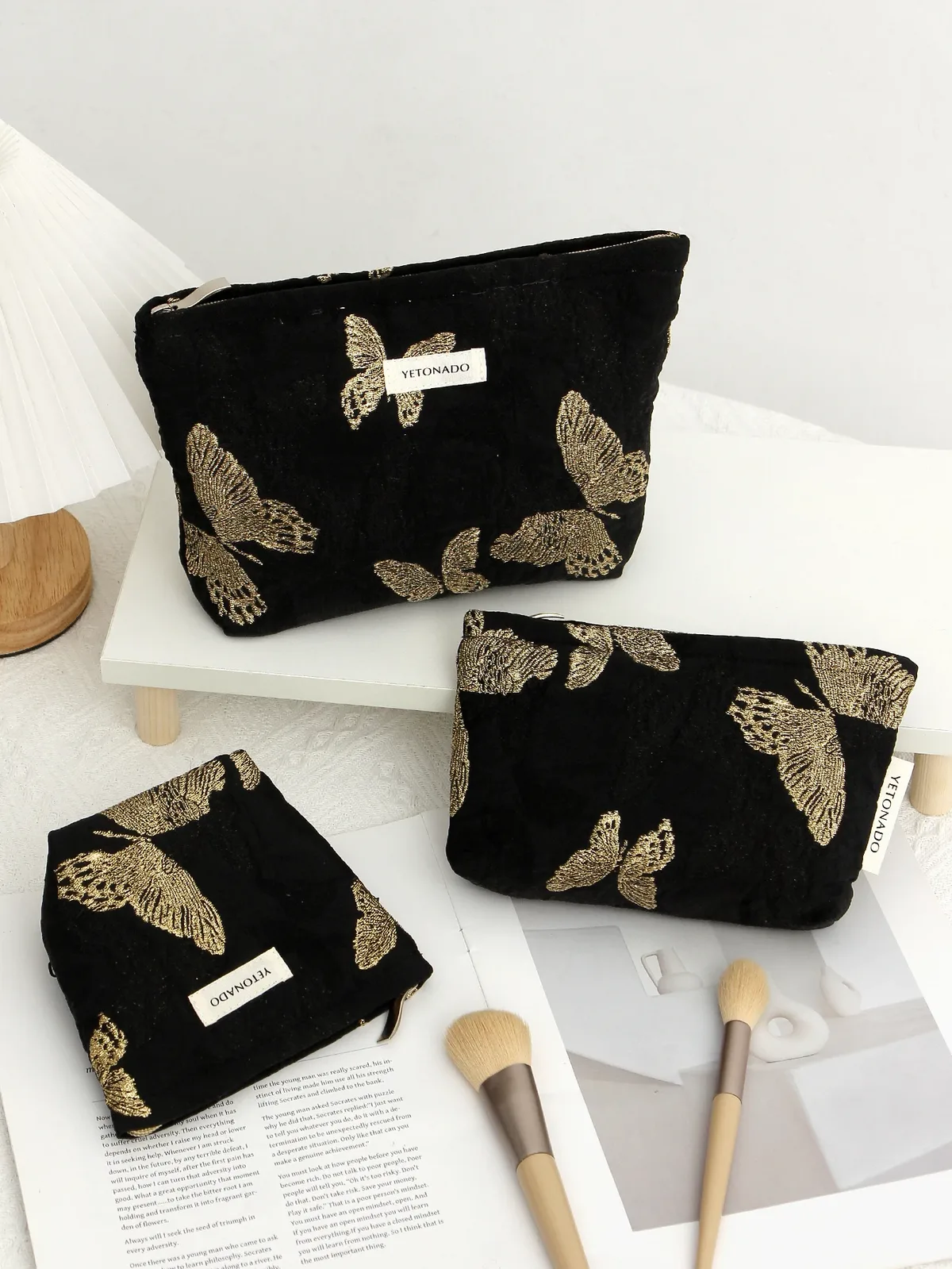 1 p/ensemble trousse de maquillage papillon noir, trousse de maquillage à fermeture éclair de grande capacité à la mode, sac de rangement multifonctionnel