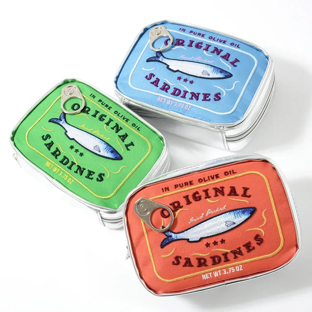 Trousse de toilette mignonne portable pour femme, sardines en conserve, sac cosmétique de voyage, multifonction, mode créative, fermeture éclair, week-end, vacances